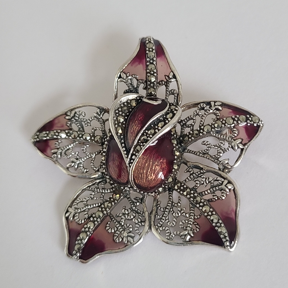 Vintage Boho Sterling Silver Marcasite Crystal Enamel Orchid Flower Brooch Pin - Picture 4 of 9